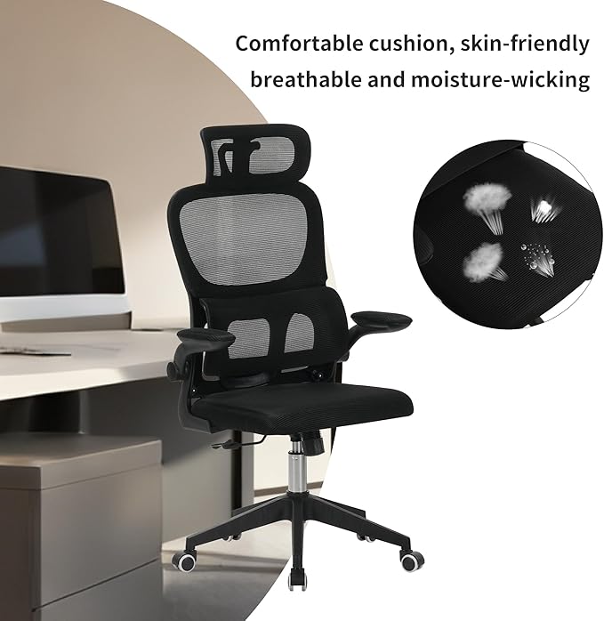 High Back Ergonomic Office Chair - Big and Tall Mesh Desk Chair with 3D Adjustable Headrest &amp Lumbar Support Swivel Computer Task Chair for Home Office Wide Seat 300lbs Capacity (Black Model F