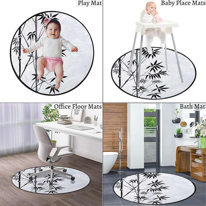 Black White Chair Mat Office Protector for Hardwood Floors Anti-Slip Floor Protection Mat Multi-Purpose Chair Carpet for Desk Bamboo Leaves on Clear Simple Background Diameter 55 in