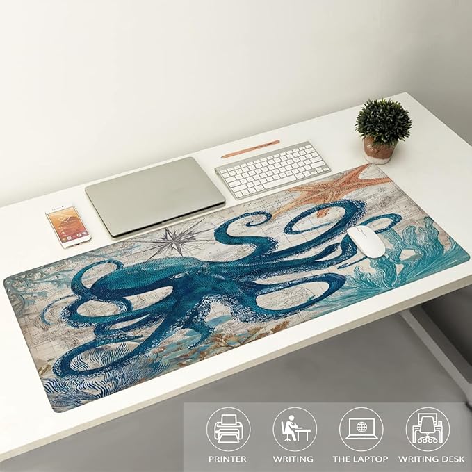 Large Octopus Ocean Vintage Mouse Mat Computer Mousepad with Non-Slip Rubber Base Waterproof Mouse Pad Desktop Keyboard Pad for GamerHome School Laptop Office Accessories16x35.5in