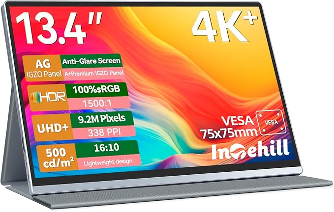 Intehill Portable Monitor 4kAnti-Glare 13.4 3840 * 2400 IGZO Screen 4K Portable Travel Monitor 1500:1500 Nits ScreenHDRsRGB 100%Built-in SpeakersDual USB-CHDMI for Laptop Mac Phone PS5