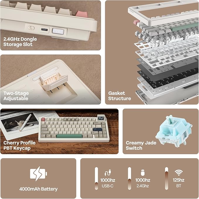 EPOMAKER RT82 Wireless Mechanical Keyboard with Screen VIA Custom 2.4GHz/USB-C/BT5.0 RGB Backlit Gasket 5-Paddings PBT Keycaps Hot-Swap Retro Gaming Keyboard (Creamy Jade)