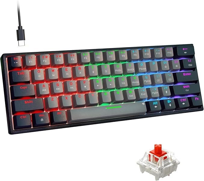 Snpurdiri 60 Percent Machanical Keyboard Red Switches Full Anti-Ghosting 60% Gaming Keyboard Rainbow Backlit for PC Gamer Office Business (Black-Grey Red Switches)