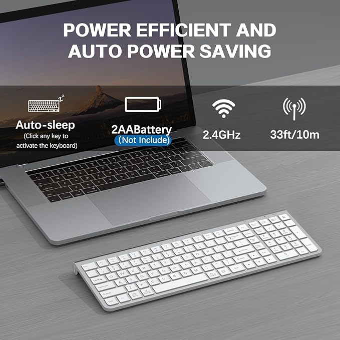 JOYACCESS Wireless Keyboard ErgonomicDustproof2.4G Slim and Compact Quiet Wireless Keyboard with Number Keypad for Windows MacBook Pro/Air Laptop Desktop PC-Sliver&ampWhite