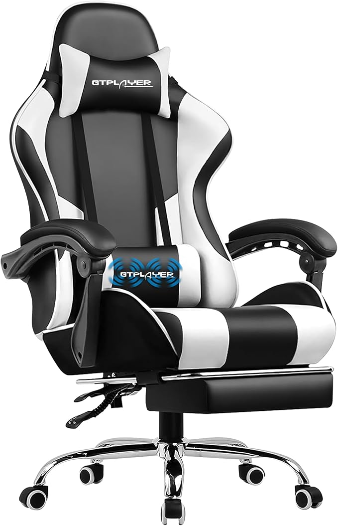 GTPLAYER Gaming Chair Computer Chair with Footrest and Lumbar Support Height Adjustable Game Chair with 360°-Swivel Seat and Headrest and for Office or Gaming (White)