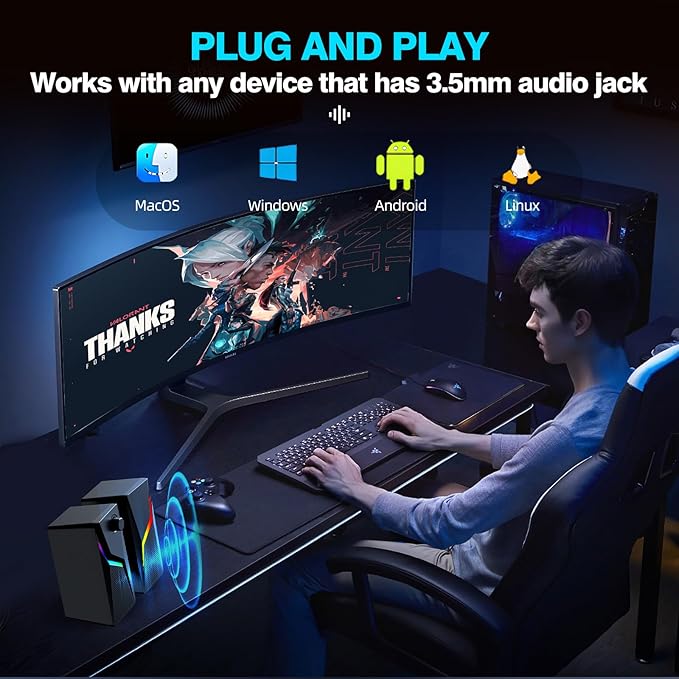 Computer Speakers PC Speakers for Desktop with 6 Lighting Modes PC Gaming Accessories Stereo Sound Desktop Computer Speakers with 2 Bass-Boost Ports USB Powered 3.5mm AUX Cable