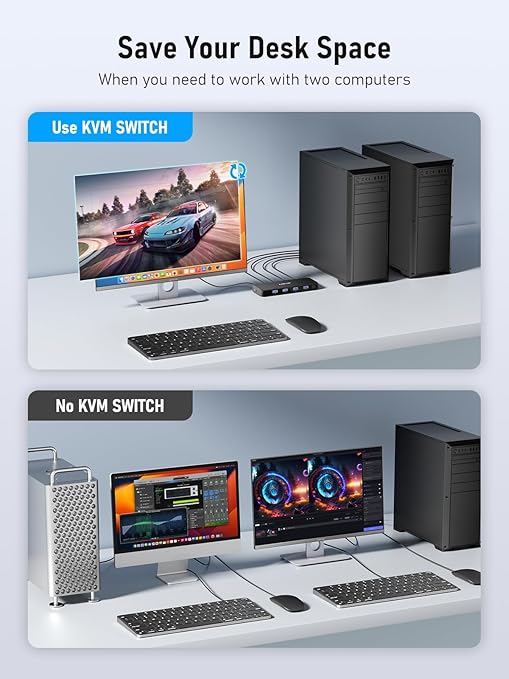 Lemorele KVM Switch 4K 2x1 2-Computer Sharing 1 Monitor with USB 3.0 Hub 4-Port USB for Mouse Keyboard Plug and Play USB-C Powered 4K@30Hz (2 USB Cables Included)