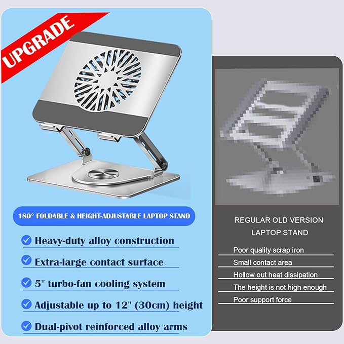 360° Rotating Adjustable Laptop Stand with Cooling Fan Foldable Dual-Bar Support Height Tilt Angle Cooling Laptop Stand for Desk Pad Laptop Riser Heat Dissipation Stand Fit 10-17.3 Device