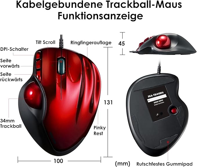 SANWA Wired Ergonomic Trackball Mouse Programmable Roller Ball Mice Tilt Scroll 400/800/1200/1600 DPI Computer trackball &amp Finger Rest Compatible with Mac Windows Laptop Chrome OS Red