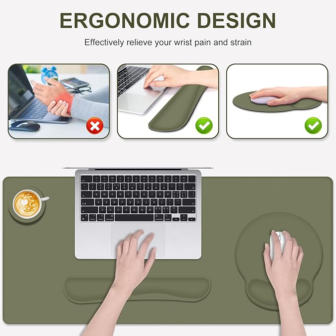 4 PCS Mouse Pad Desk Mat Protector Keyboard Wrist Rest + Comfortable Mouse Pad Wrist Rest +Coaster Large Gaming Mousepad for Computer Laptop 35.4X 15.7 Deskpad for Office Home I Olive Green