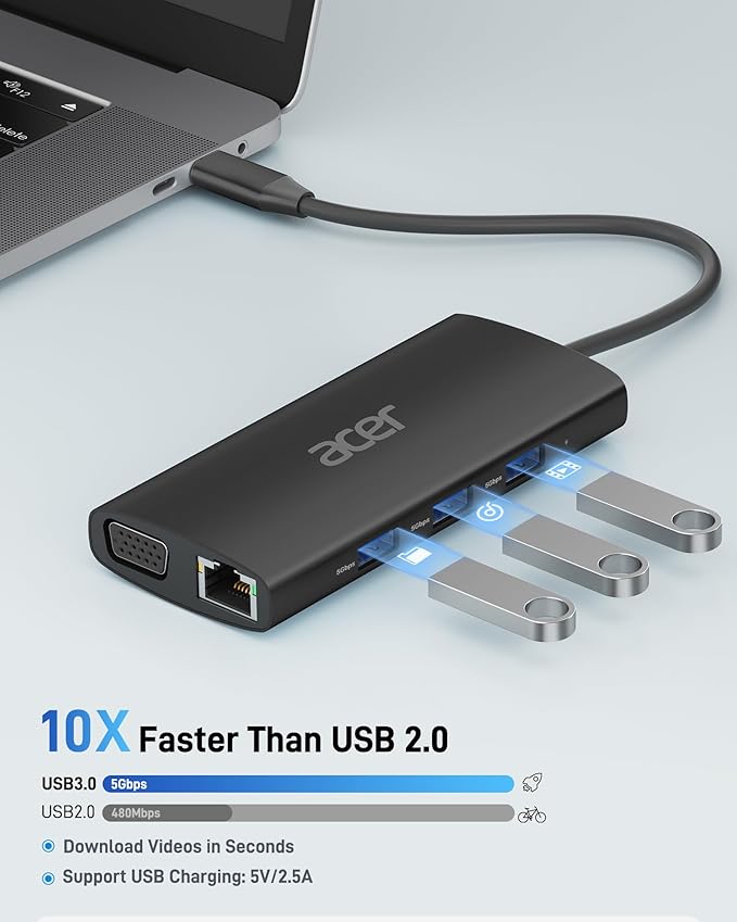 Acer USB C Hub with 4K HDMI 9-in-1 USB C to Ethernet Adapter 5Gbps USBA 3.0 Docking Station VGA Splitter SD Card Reader PD 100W Charging for MacBook Acer Laptops Surface and More (Black)
