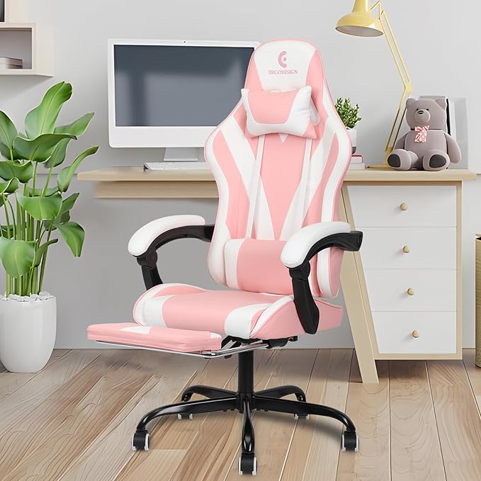 Gaming Chair with Linkage Armrest &amp Footrest High Back Video Gaming Chair Pink/White