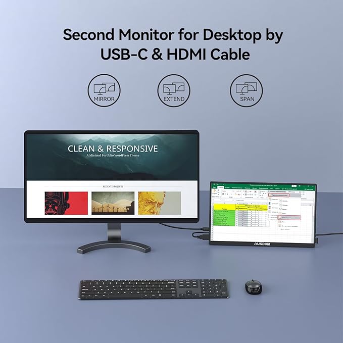 AUSDOM 15.6 Portable Laptop Monitor: FHD 1080P 15.6 inch Portable Second Screen External Travel Monitor HDMI USB-C Powered Extra Mobile Computer Secondary Display Additional for Laptop MacBook