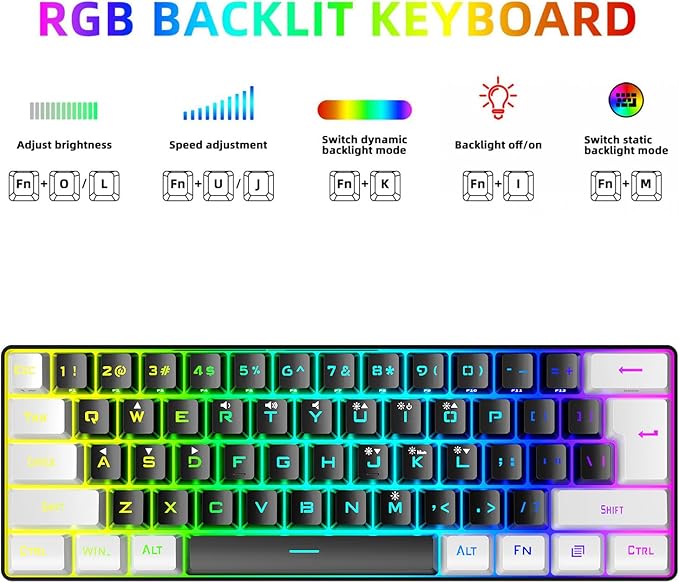 Portable 60% Mechanical Gaming Keyboard 61 Keys RGB Backlit USB Keyboard with Ergonomic Design USB Wired Keyboard for PC Travel (Black White)