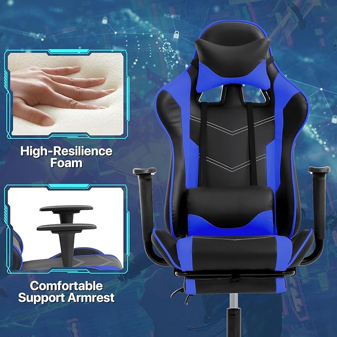 Ergonomic Gaming Chair - Reclining Computer Chair with Lumbar Support &amp Headrest Pillow Adjustable Footrests 90-135° Recline for Home Office &amp Gaming Heavy Duty 250lbs Capacity Blue
