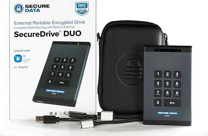 SecureData SecureDrive Duo 5TB Hardware Encrypted USB 3.0 Ext Drive FIPS 140-2 Level 3 Unlock via KeyPad or Phone app TAA Compliant CJIS HIPAA CMMC GDPR Compliant Works with Mac and Win Free AV