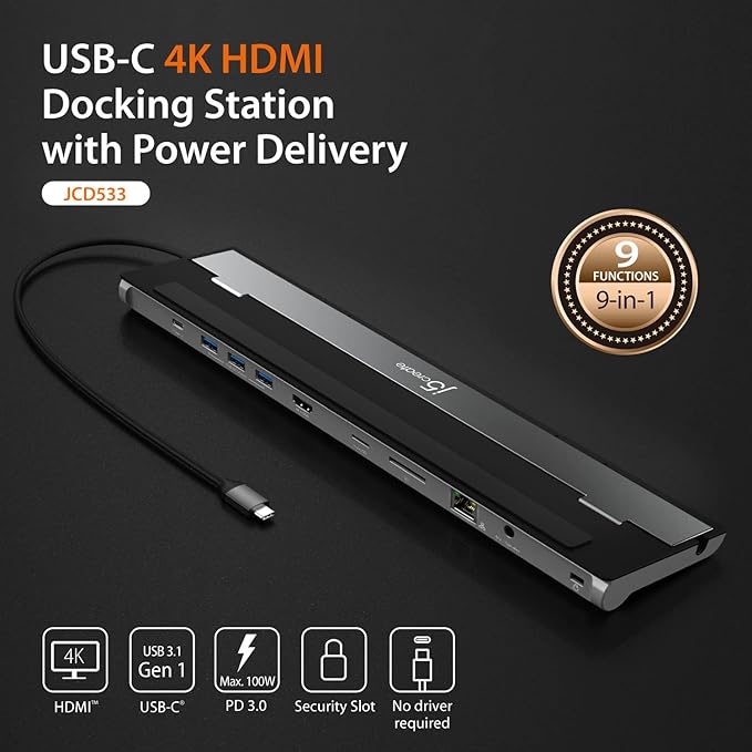 j5create USB-C 4K HDMI Docking Station (9-in-1) 4K HDMI 5Gbps USB-A x3 Card Reader PD 100W Gigabit Ethernet Combo Audio Jack for MacBook and Windows USB-C Laptop (JCD533)