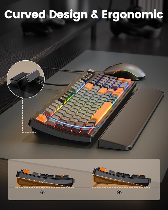 SABLUTE Gaming Keyboard and Mouse Quiet Membrane Keyboard with RGB Backlit Mechanical Feel PC Gaming Keyboards Multimedia Knob Anti-Ghosting Ergonomic Wrist Rest &amp 3200 DPI Mouse for Gamer/Off