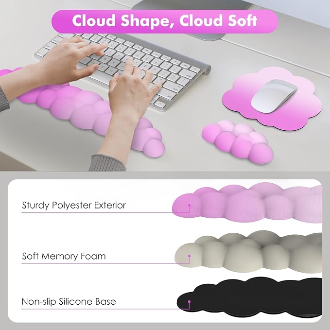 MoKo Cloud Wrist Rest Ergonomic Cloud Keyboard Wrist Rest with Mouse Rest Wrist Pad Durable Polyester Cloud Arm Rest Wrist Pad for Keyboard and Mouse for Office Gaming Computer Laptop Pink