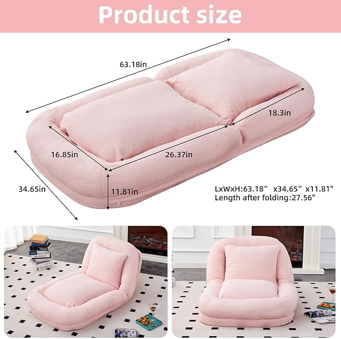 Folding Sofa Chair with 5 Adjustable Positions Plush Floor Lounge Chair for Gaming Meditation and Relaxation (Pink EPU)