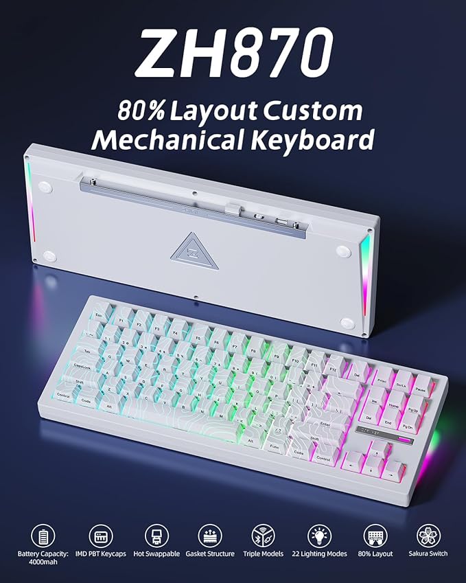ZORNHER ZH870 Wireless Gaming Mechanical Keyboard80% White Custom Creamy Sound Keyboard with Lighted Up White Topographic KeycapsCreamy Sounding Linear SwitchesHot-SwappableRGB Backlit
