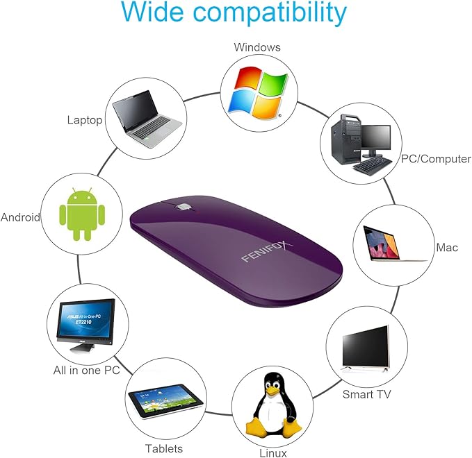 FENIFOX Bluetooth Mouse Slim Whisper-Quiet Mini Flat Portable Mobile Mice Rechargeable Compatible with LaptopPCAndroid Windows Tablet - Deep Purple
