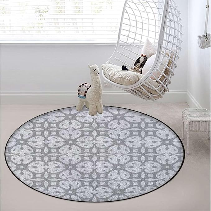 Dust and White Round Area Rug - Non-Slip Rugs Floor Mat Washable Soft Floor Carpet for Living Room Absorbent Round Yoga Mat Floral Theme Design Abstract Style Diameter 47.2 in Romantic_05925