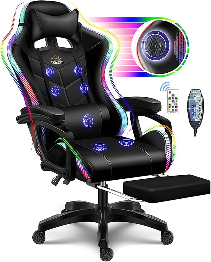 Gaming Chair Massage with Bluetooth Speakers and Led Lights Ergonomic Computer Gaming Chair with Footrest RGB Video Game Chair with High Back Lumbar SupportBlack