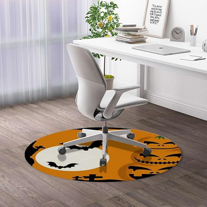 Orange Black PU Leather Office Chair Mat Soft Non Slip Round Floor Mat Spooky Carved Halloween Hardwood Floor and Protector for Rolling Chair Halloween Diameter 39.4 in