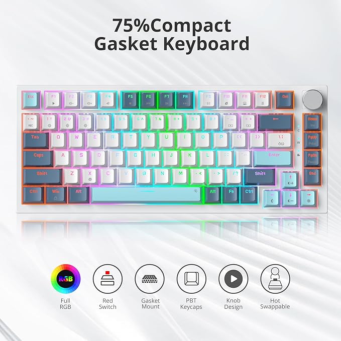 75% Wired Creamy Keyboard Hot Swappable Mechanical Gaming Keyboard with Gasket Mounted RGB Backlit Red Switch Knob Control for Win Pc Laptop(82White)