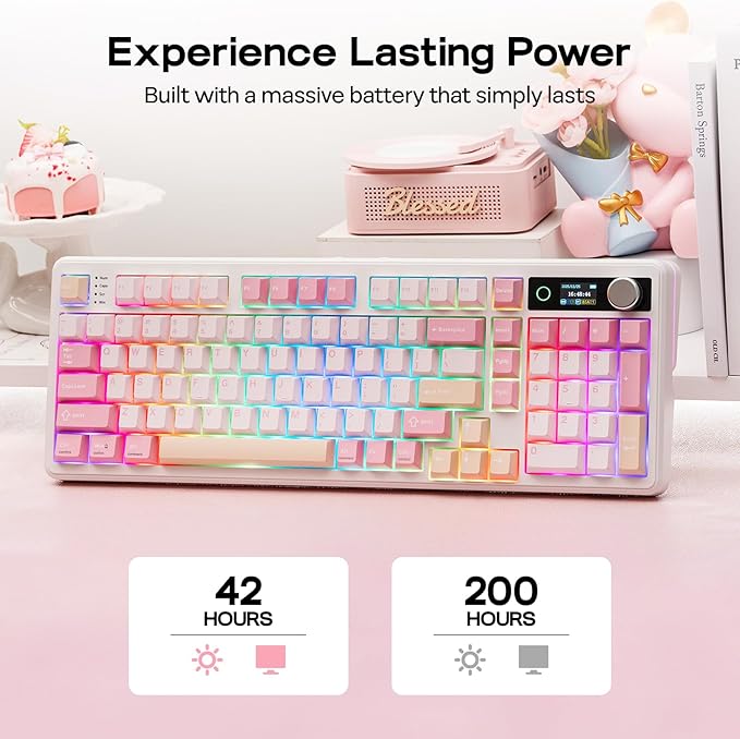 EPOMAKER TH99 PRO 96% Mechanical Keyboard with Screen &amp Knob 10000mAh 2.4Ghz/BT Hot Swap Custom Driver RGB Backlight PBT Keycap Wireless Gaming Keyboard for PC/Mac (Pink Creamy Jade)