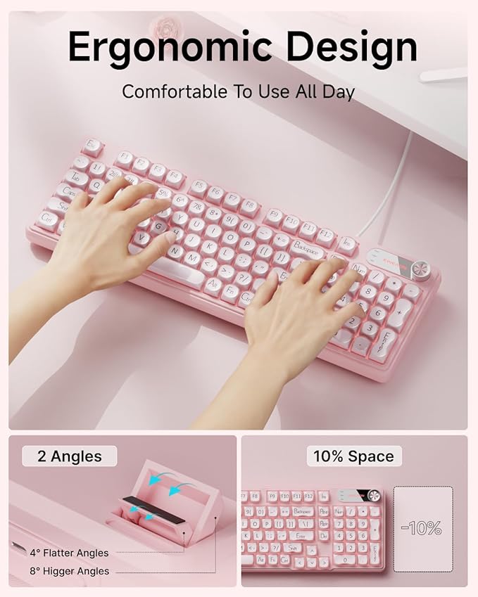 V102 Wired Keyboard 98 Keys Creamy Gaming Keyboard with Number Pad Display Screen &amp Media Knob RGB Silent Wired Cute Computer Keyboard for Laptop PC Gamer - Pink