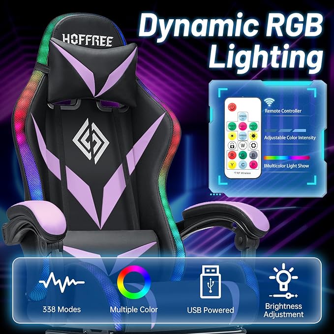 HOFFREE Gaming Chair Massage with Bluetooth Speakers and Led Lights Ergonomic Computer Gaming Chair with Footrest RGB Video Game Chair with High Back Lumbar Support Purple and Black
