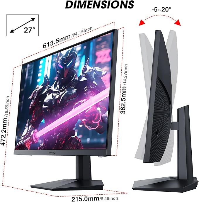 KOORUI 27 Inch Gaming Monitor 240hz 1ms FHD 1920x1080 90% DCI-P3 100% sRGB Color Gamut Adaptive Sync Compatible HDMI DisplayPort Black GN02
