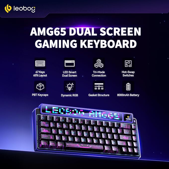 x Aula AMG65 Mechanical Gaming Keyboard with Dual Screen 65% Wireless Small Custom Keyboard RGB Bluetooth/2.4G/Wired Rapid Trigger Hot Swappable for Windows Laptop PC Mac - Purple