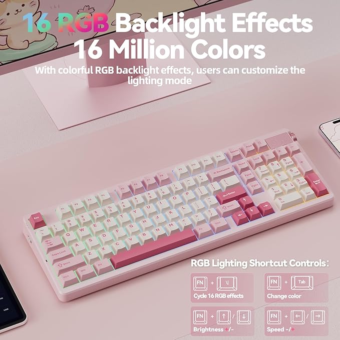 LEOBOG A98 Wireless Mechanical Keyboard Tri-Mode BT5.0/2.4GHz/USB-C Creamy Keyboard with Number Pad Gasket Structure Hot Swappable PBT Keycaps RGB Backlit Pink Gaming Keyboard with Knob for PC