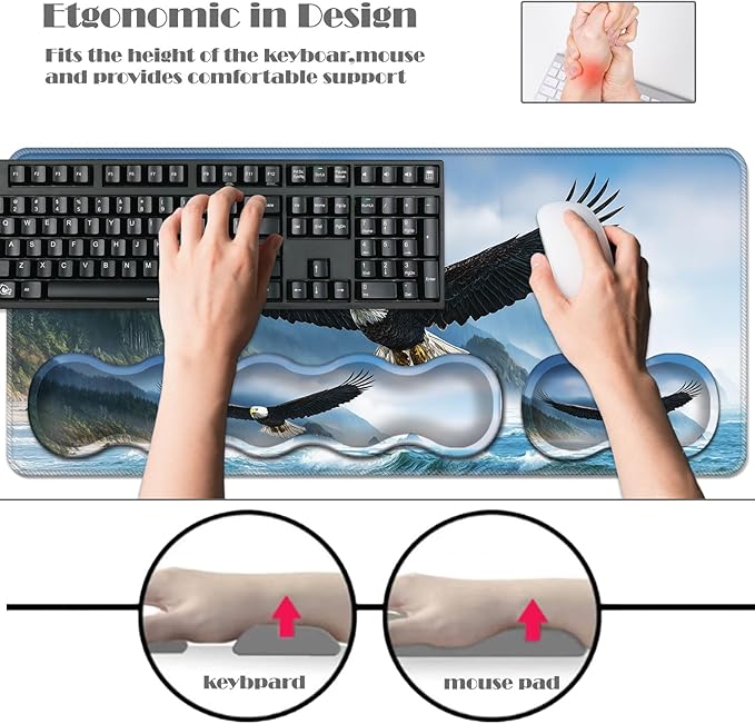Ergonomic Keyboard Wrist Rest &amp Mouse Pad Wrist Rest SetXL Gaming Desk Mat 31.5x 11.8Non-Slip BaseMemory FoamEasy Typing Pain Relief for Office &amp HomeBald Eagle Flying Over Sea