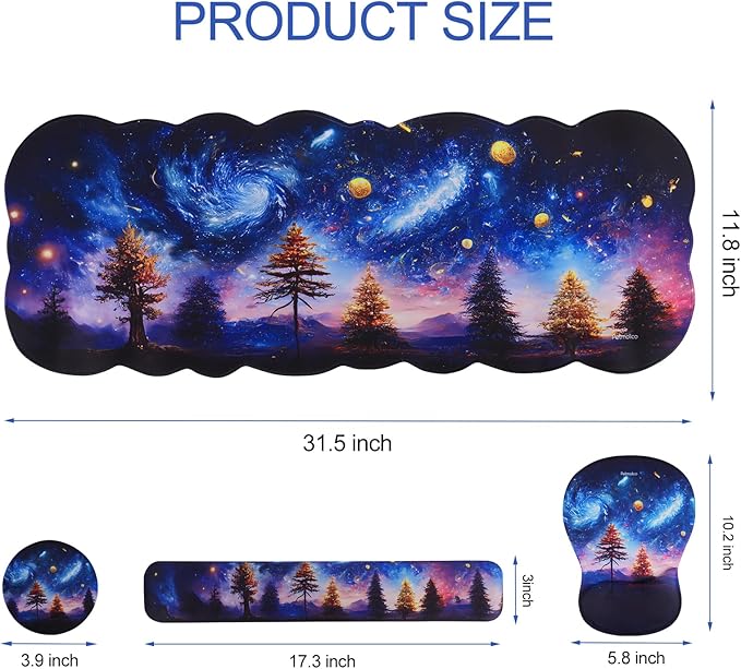 Petmolico Wrist Rest Set with Computer Keyboard Desk PadMouse Wrist RestKeyboard Typing Wrist Pad and Cup CoastersErgonomic Design for Typing Pain Relief [Blue Aurora Night Sky]