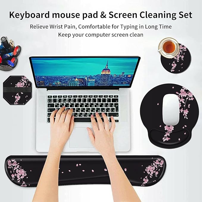 Wrist Rests for Keyboard and Mouse Support Gel Pad + Screen Cleaning Pad + Coaster Cloth Wipes for Laptop/Computer Screen Ergonomic Memory Foam Mousepad for Gaming/Work Cherry Blossoms