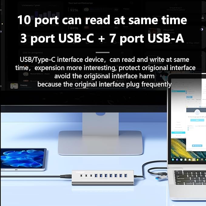 10 Ports USB HUB 7 USB-A and 3 USB-C Ports Multiport Adapter USB3.0 Aluminum USB C to USB Hub for iPhone 16/15 Series MacBook iPad