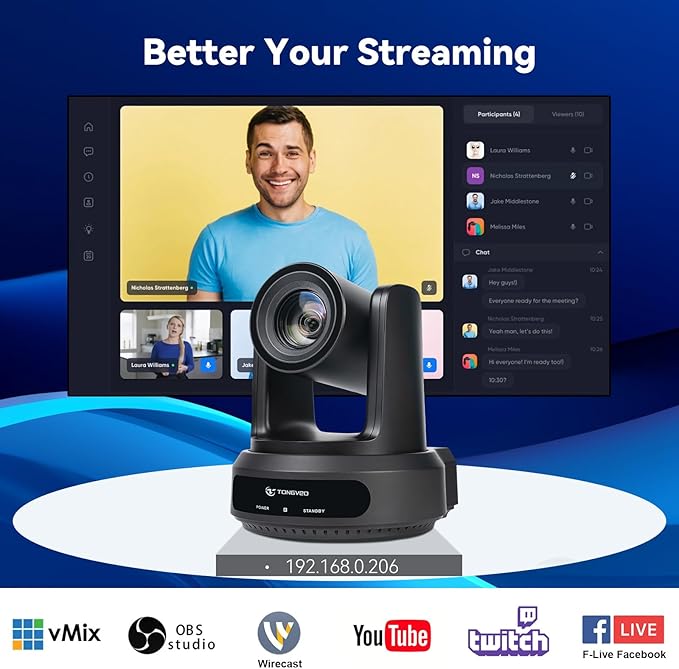 TONGVEO AI Auto-Tracking PTZ Camera: 20X Optical Zoom 1080P 60fps HDMI SDI USB PoE Video Camera for Church Worship Live Streaming Conference Room Webcam for OBS