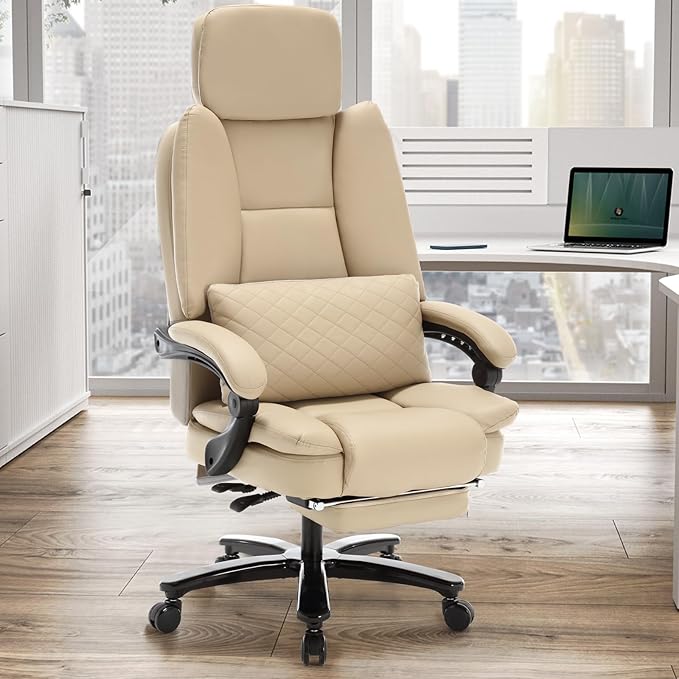 500lbs Plus Size Office Chair with Lumbar Support PU Leather Big and Tall Heavy Duty Reclining Office Desk Chair with Foot RestBeige