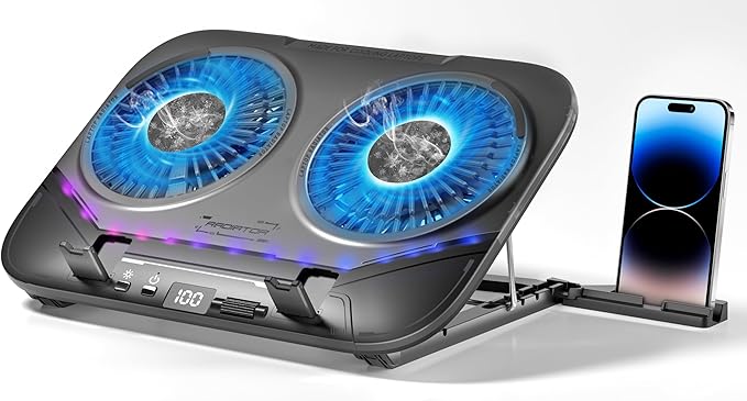 Dual-Core TEC Laptop Cooling Pad with Dual Stepless-Quiet Fans 5-Height Adjustable Laptop Cooling Stand 10-Level RGB for 13-17 Inch Laptops Includes 15W Charger Smoky Black