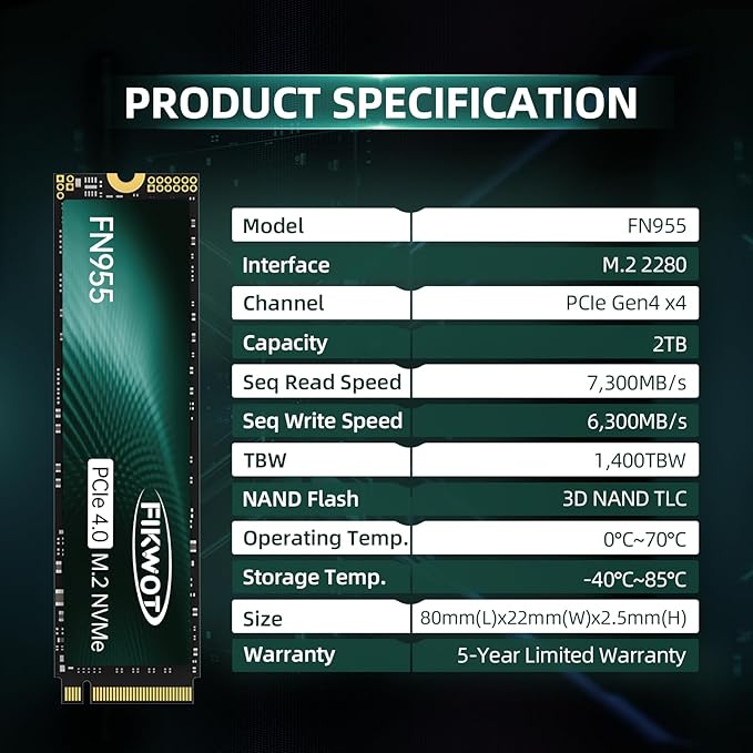 FN955 2TB NVMe SSD M.2 2280 PCIe Gen4x4 Up to 7300MB/s 3D NAND TLC Flash Internal Solid State Drive Configure SLC Cache Storage and Memory Expansion for PS5 Laptop Desktop