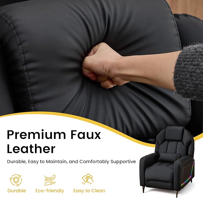 SAMERY Gaming Recliner Chair Push-Back Reclining Gaming Chair with Extended Footrest LED Light Pockets Lumbar Pillow Modern Ergonomic Recliner Sofa for Game Room Living Room (Black Recliner)