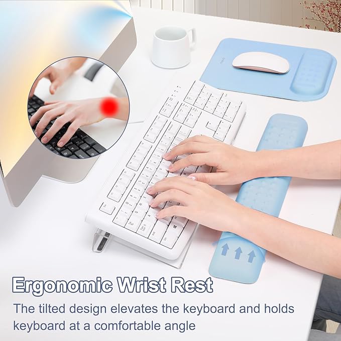 MOSISO Computer Keyboard Stand&ampWrist Rest Support for Keyboard &ampMouse Pad Set Ergonomic Massage Wrist Rest Set Easy Typing Working Acrylic Clear Stand for Office Home Air Blue