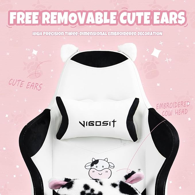 Cute Gaming Chair with Cat Paw Lumbar Cushion and Cat Ears Kawaii Pink Computer Chair with Footrest Ergonomic PC Video Anime Gaming Chairs Recliner for Kids Girls Teens (Black&ampWhite)