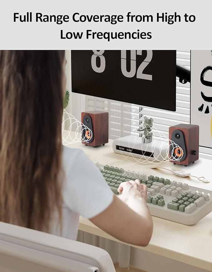 12W USB Computer Speakers 【2026 Update】 Wooden Desktop Speakers with Dual Diaphragms High-Fidelity Stereo for PC Laptop Monitor Tablet – USB Powered with Built-in Audio Output