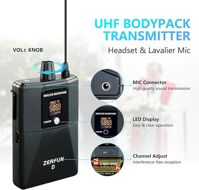 Pro Wireless Microphone System 4 Channel UHF Metal Cordless Handheld Headset Lavalier Lapel Mics for Church Karaoke Singing 4x50 Adjustable Frequency(G8 Battery 2 Handheld 2 Bodypack)