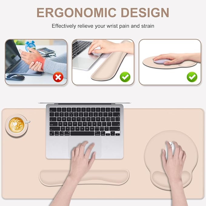 Mouse Pad Desk Pad Protector Keyboard Wrist Rest + Mouse Pad Wrist Rest +Coaster Large Gaming Mouse Pad for Computer Keyboard Laptop XXL Desk Mat Writing Pad for Office and Home Beige