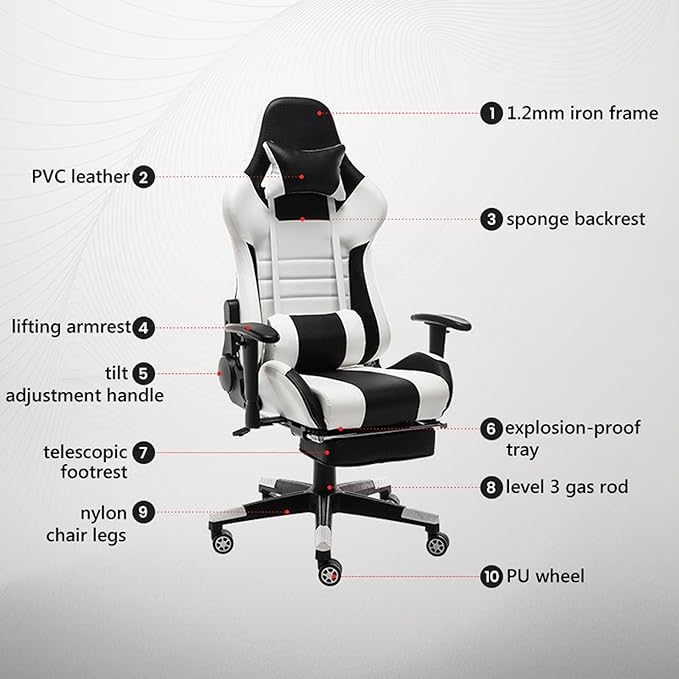 Ergonomic Gaming Chair Desk Chair Leather Computer Chair with Headrest and Lumbar Support Swivel Reclining Video Game Chair for AdultsBlack+redHeight 124134CM